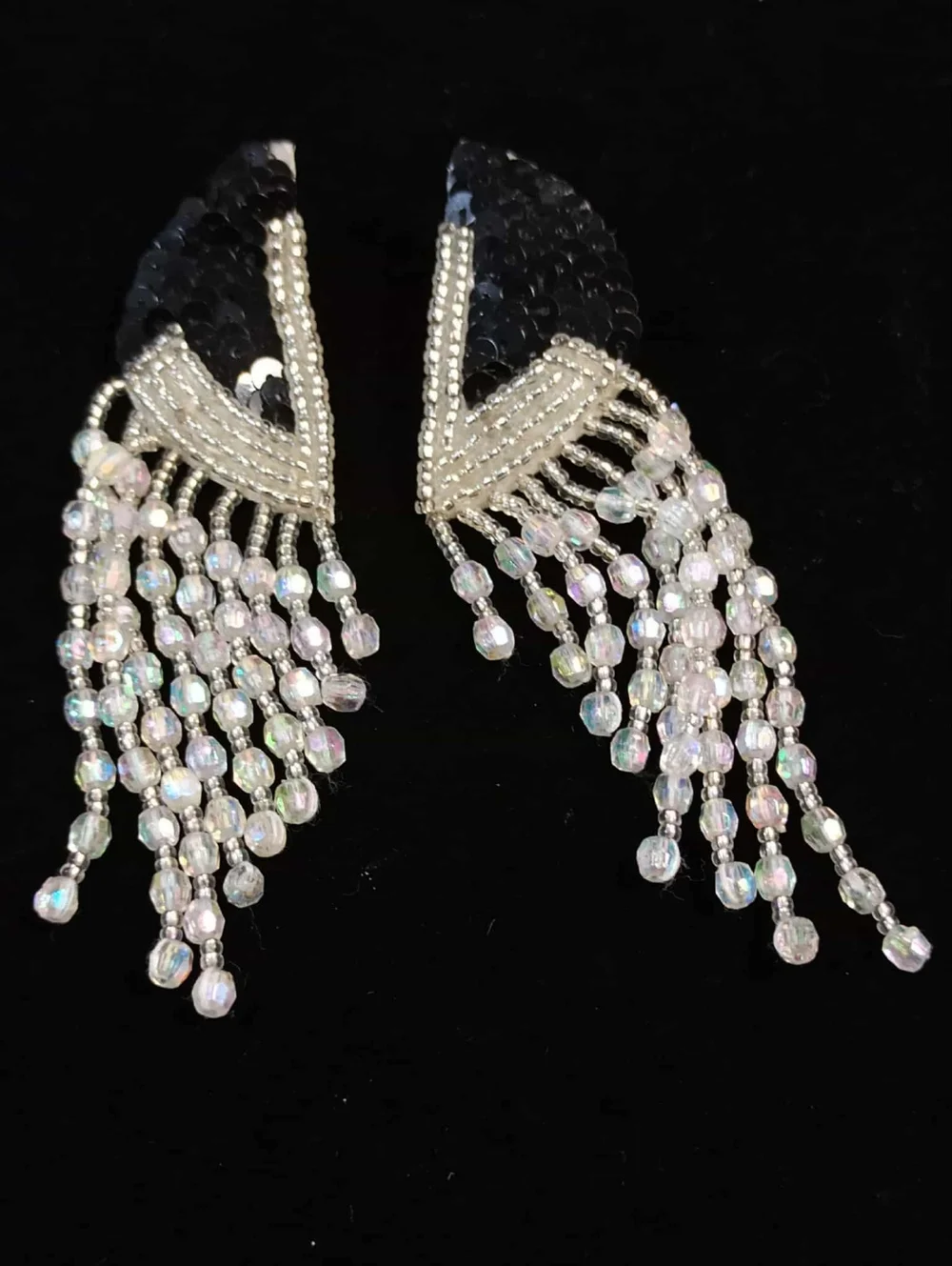80's Black Sequin Beaded Fringe Earrings Dramatic Dangle Pierced